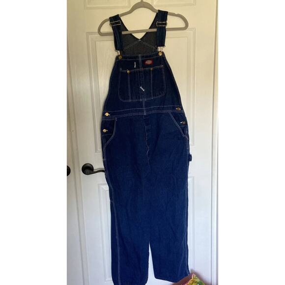 Dickies Overalls Mens 38 Blue Dark Wash Denim Bibs Workwear Vintage USA cargo - Picture 1 of 12